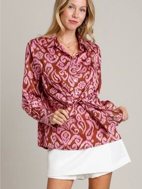 Umgee Pink and Brown Ikat Button-Front Tie-Waist Blouse